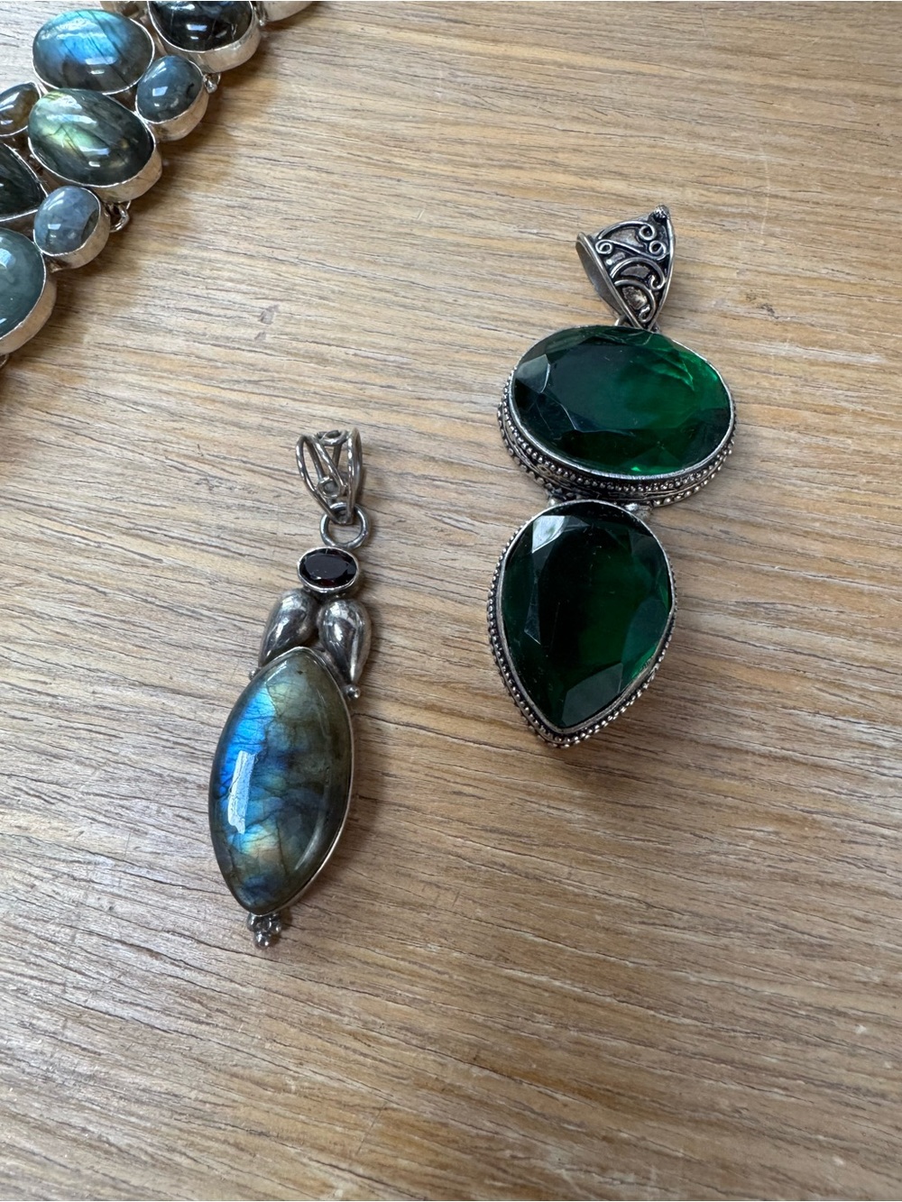 Sterling Silver Labradorite Bracelet & pendant w garnet & green diopside pendant - Picture 2 of 15